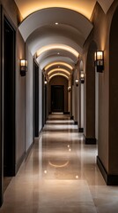 Elegant arched hallway with marble floors and wall lighting.