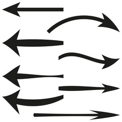 Arrow set icon. Black and white arrows. Vector direction shapes. Simple navigation design.