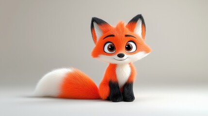 Obraz premium Cute Cartoon Fox with Orange Fur and Bushy Tail Sitting on White Background