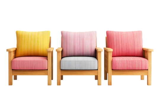 Wooden armchairs with colorful cushions indoor furniture, cut out transparent - Powered by Adobe