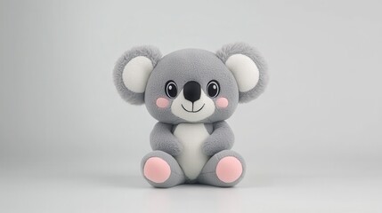 Fototapeta premium Adorable plush koala toy with fluffy ears, sitting peacefully on a white background, irresistibly cute and cozy