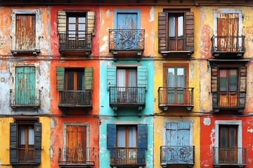 Colorful facade of a building with balconies and weathered windows