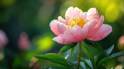 A single peony in full bloom with gentle sunlight