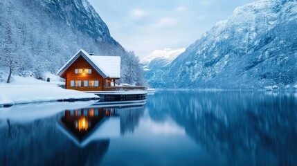 Fototapeta premium A picturesque wooden cabin stands by a tranquil, snowy lake, reflecting the surrounding mountains, evoking feelings of peace, solitude, and winter beauty.