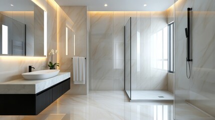 A contemporary bathroom featuring elegant fixtures, a spacious shower area, and stylish lighting that enhances the overall aesthetic and functionality of the space.