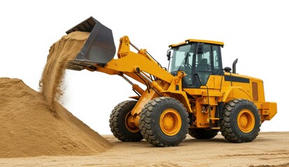 Yellow front-end loader moving sand on construction site, heavy machinery, excavation work.