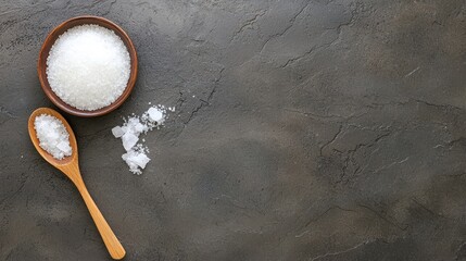 Salt crystals in bowl with wooden spoon on a dark grey textured surface, minimalist, top-down, monochrome