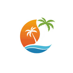 Sunset Beach Logo with Palm Trees and Ocean Waves