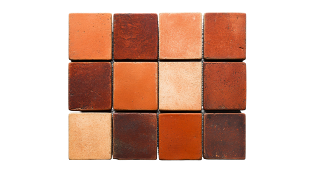 Terracotta tiles array, square bricks pattern, construction materials, cut out transparent