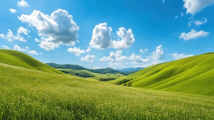 Fototapeta premium A breathtaking view of rolling grass-covered hills under a bright blue sky.