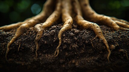 Close-up of powerful tree roots emerging from rich soil