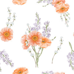 Seamless Pattern with Iceland Poppy, Freesia and Snow Willow Branches. Hand drawn Watercolor Illustration of Spring Wildflowers. For fabric or textile prints, gift packaging paper.