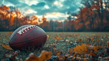 Football is laying on the ground in a field of leaves. The football is wet and has a few grass stains. The scene gives off a sense of autumn