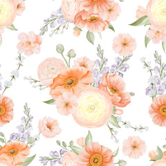 Spring Flowers Seamless Pattern. Hand drawn Watercolor Illustration of Ranunculus, Iceland Poppy, Freesia and Peach or Cherry blossom. For fabric or textile prints, gift packaging paper.