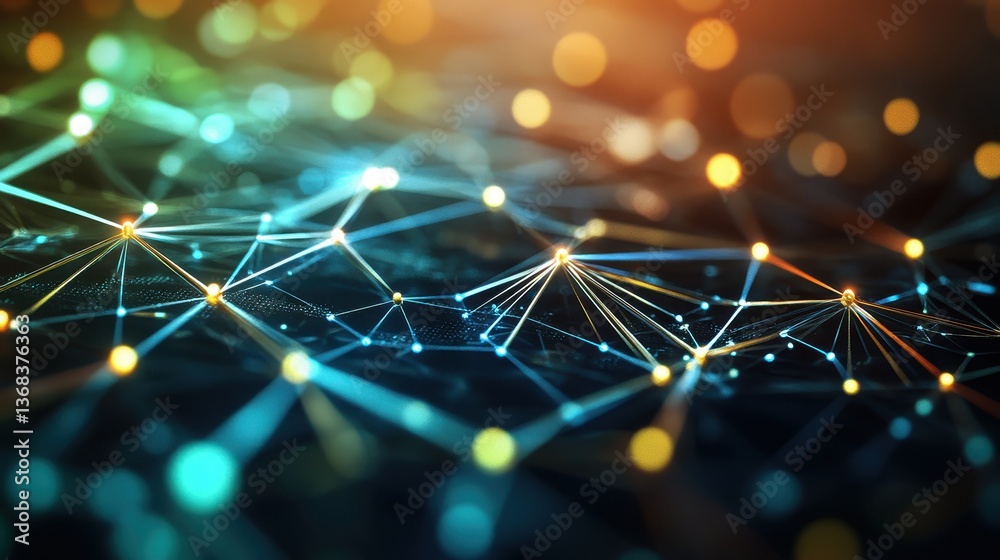 Poster abstract digital rende of an intricate network of illuminated nodes and lines glowing in teal, gold 