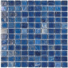 Mosaic tile squares in shades of blue with golden accents. Close-up pattern