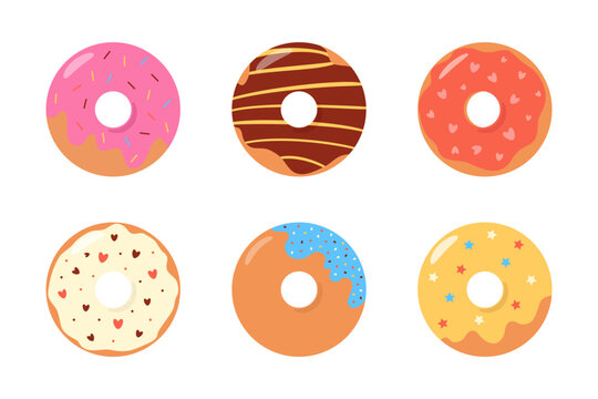 Donuts with icing and colorful sprinkles, isolated color icons on white background. National donut day. For kids menu, cafe, shops. Fast Food Symbol. Flat vector illustration  