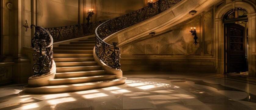 Elegant spiral staircase in a grand hall with ornate architecture and soft lighting creating a warm ambiance
