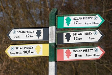 Signpost with colorful tourist trails.