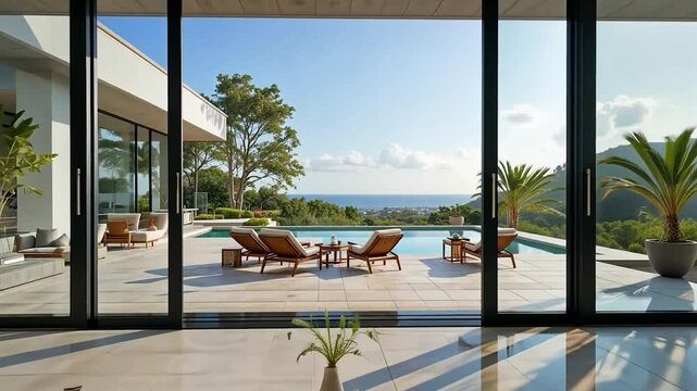 Panoramic coastal villa showcases seamless indoor outdoor living and luxury pool