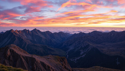 Naklejka premium Majestic mountain landscape at sunset with colorful clouds 