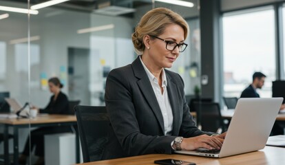 Caucasian businesswoman working on laptop in modern office space focused on productivity and professionalism.