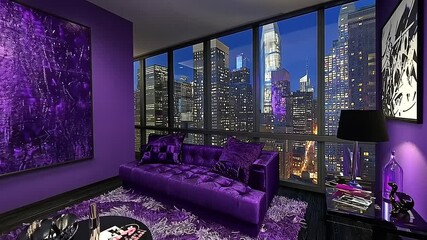 A luxurious purple-themed penthouse interior with city lights illuminating the night skyline.