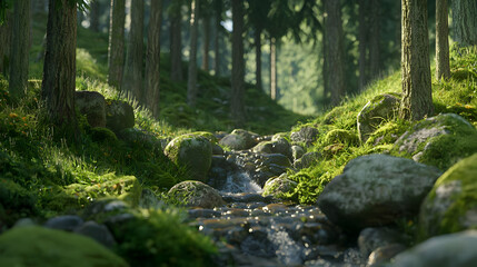 Fototapeta premium Tranquil Forest Stream Surrounded by Lush Greenery and Rocks