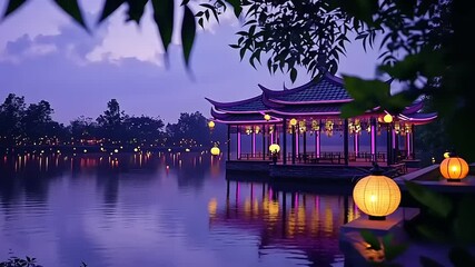 An illuminated traditional pavilion on a tranquil lake at dusk, with glowing details and reflections. - Powered by Adobe