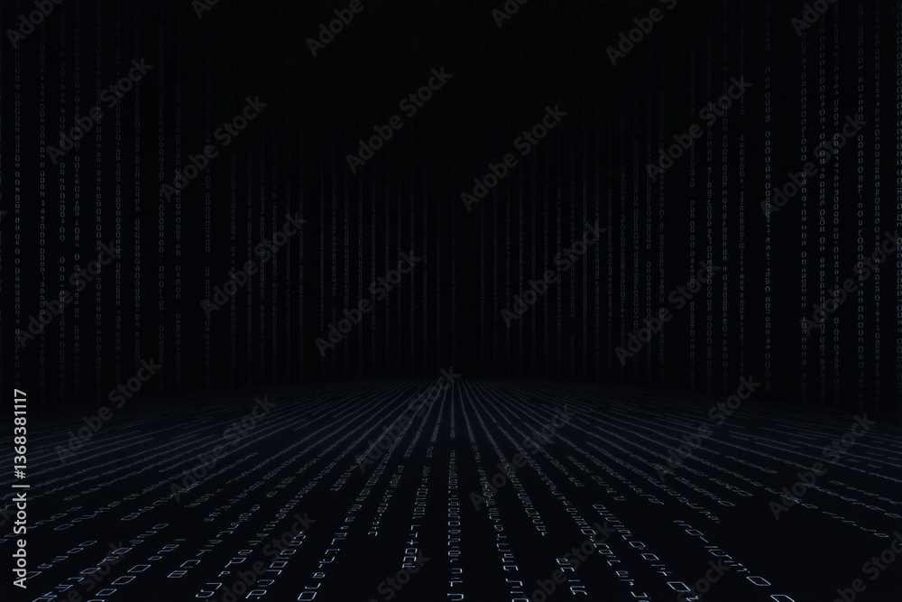 Poster binary code: a futuristic landscape of endless digital data streams, forming a complex and visually 