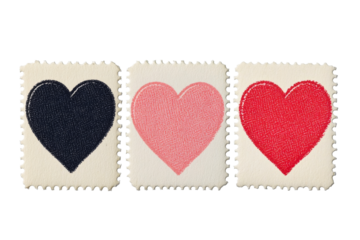 Heart stamps in varied colors, dark blue, light pink and red , cut out transparent