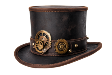 Steampunk hat with gears on band, leather accessory, cut out transparent