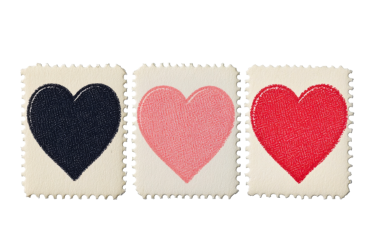 Heart stamps in varied colors, dark blue, light pink and red , cut out transparent - Powered by Adobe