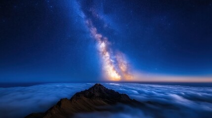 A mesmerizing view of a starry sky illuminated by the Milky Way over the rugged peaks, evoking a sense of adventure and the infinite possibilities of the universe.