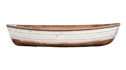 Wooden rowboat with peeling white paint, nautical vessel, cut out transparent