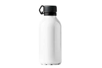 Shiny white bottle with black cap, beverage container, cut out transparent
