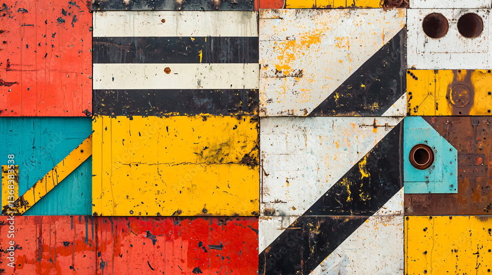 Poster a vibrant and colorful wall featuring a clock amidst fragmented and deconstructed shapes layered in 