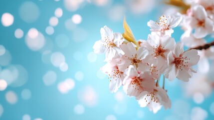 Fototapeta premium A bright display of cherry blossoms in full bloom against a gentle blue backdrop, highlighting nature's beauty in springtime and evoking a sense of peace and joy.