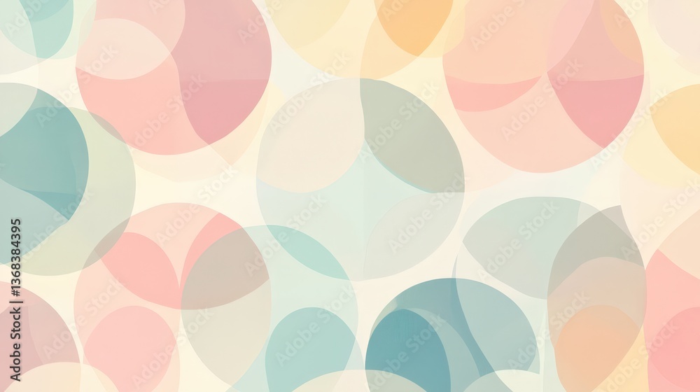 Poster a calming geometric pattern made of soft, overlapping circles in muted pastel shades, creating a gen