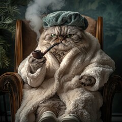 funny fat exotic cat sitting on a rocking chair and smoking a pipe