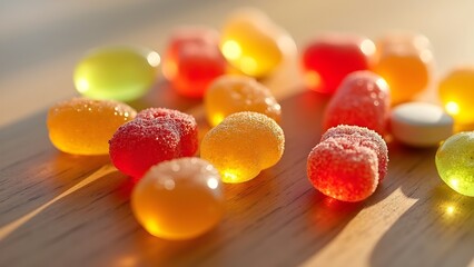 Colorful Assortment of Gummy Candies on Wooden Surface in Bright Daylight