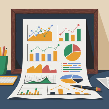 Vector illustration of a sheet with multiple graph icons including line, bar, pie, and scatter graphs, placed on a desk with a pen next to it