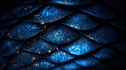 Fototapeta premium Close-up view of intricate, dark blue scales with golden sparkles