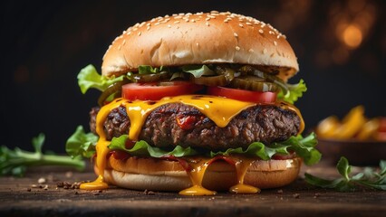A wooden serving board displays two stacked beef burgers,
