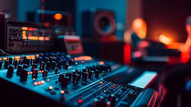 Blurred contemporary music studio with sound engineers in the background