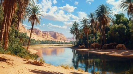 nomads resting in a shaded desert oasis, surrounded by date palms and fresh water