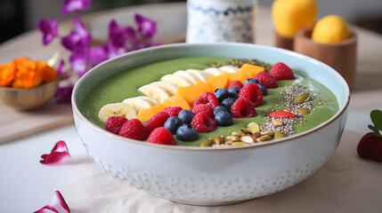 A bowl of fruit salad with bananas, blueberries, raspberries, and chia seeds