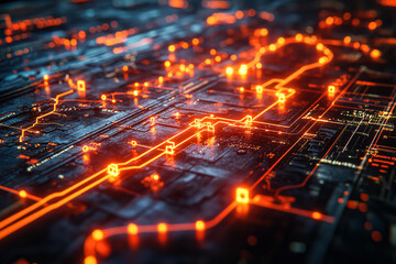 Fototapeta premium Computer chip with a lot of orange lights on it. The lights are arranged in a grid pattern