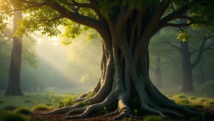 Giant Tree with Sprawling Roots in a Forest Clearing Bathed in Sunlight