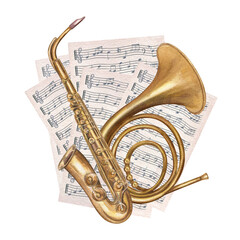 Naklejka premium French horn, saxophone on vintage sheet music paper watercolor illustration isolated background. Hand drawn classical musical wind instruments jazz theme, posters, invitations, or educational material